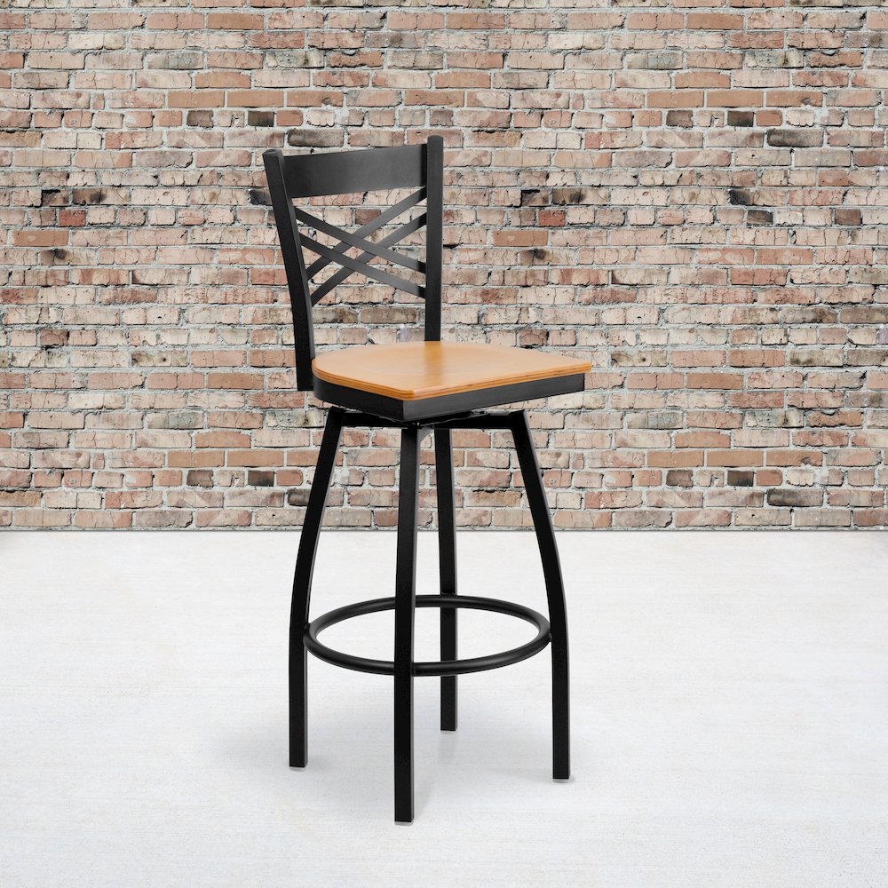 Black ”X” Back Swivel Metal Barstool – Natural Wood Seat