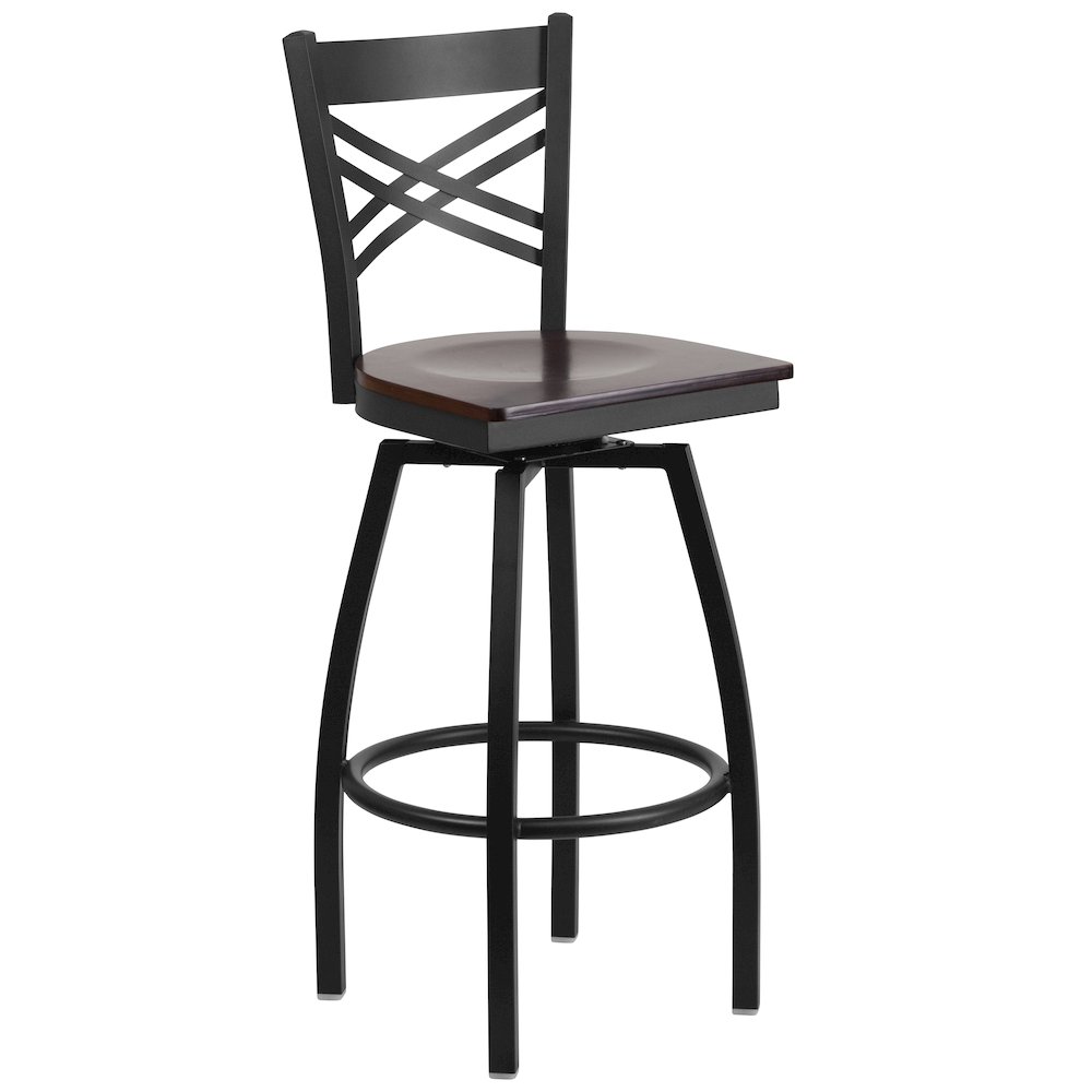 Black ”X” Back Swivel Metal Barstool – Walnut Wood Seat