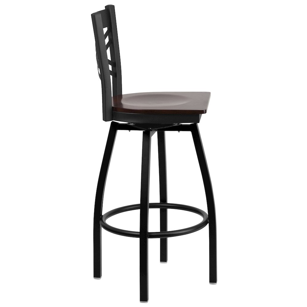 Black ”X” Back Swivel Metal Barstool – Walnut Wood Seat