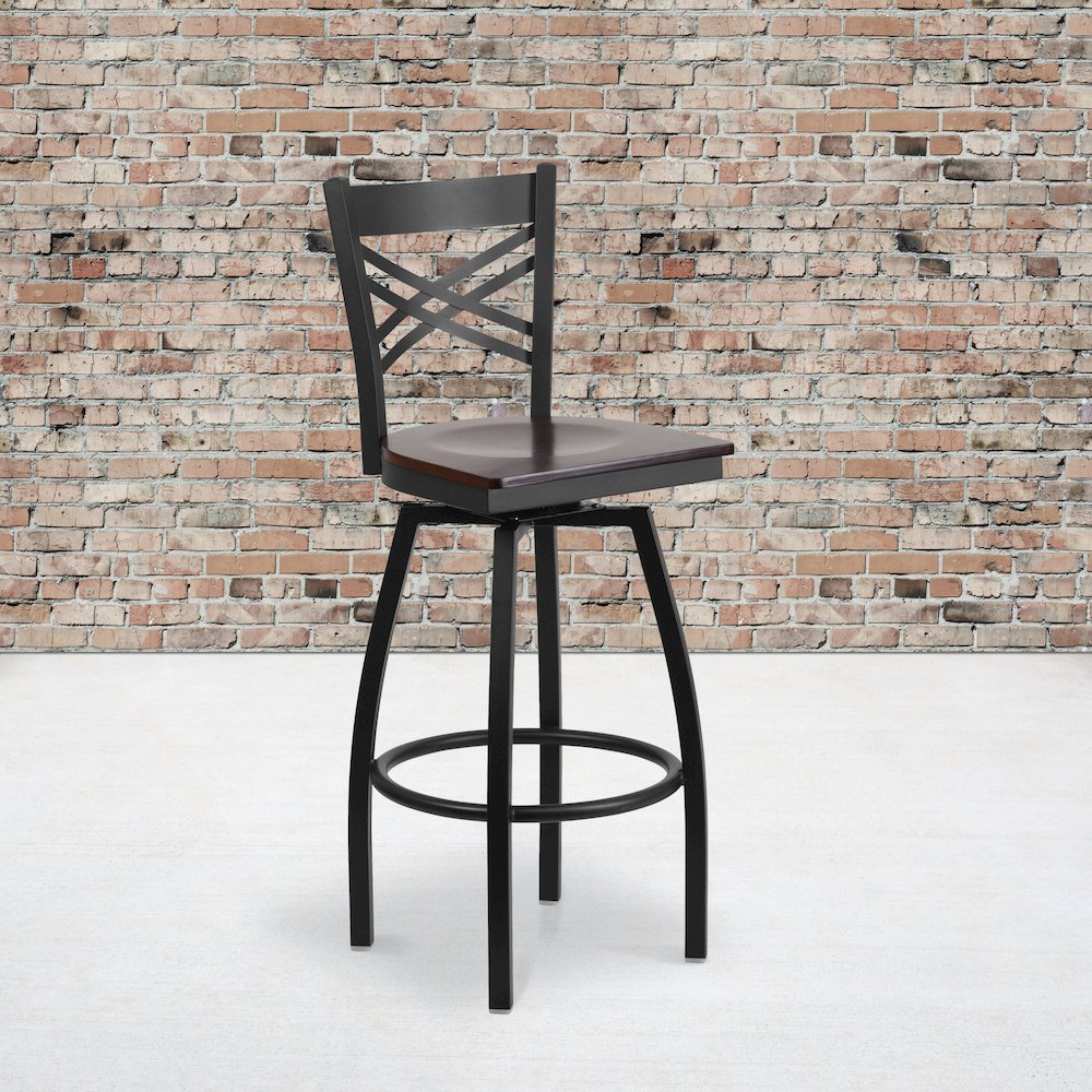 Black ”X” Back Swivel Metal Barstool – Walnut Wood Seat