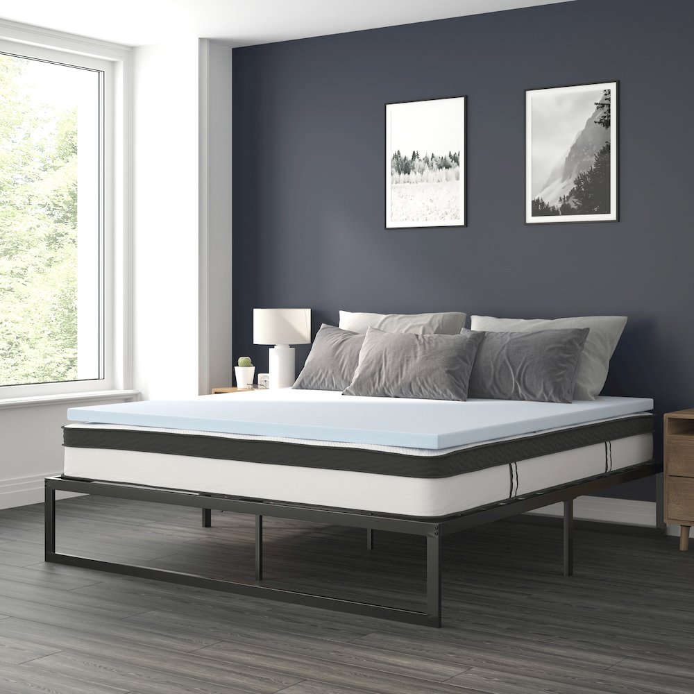 14 in Metal Platform Bed Frame and 3 in Cool Gel Memory Foam Topper – King