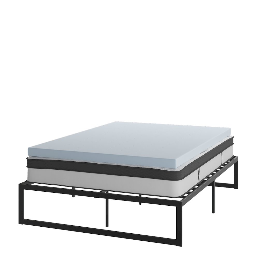 14 in Metal Platform Bed Frame and 3 in Cool Gel Memory Foam Topper – Queen