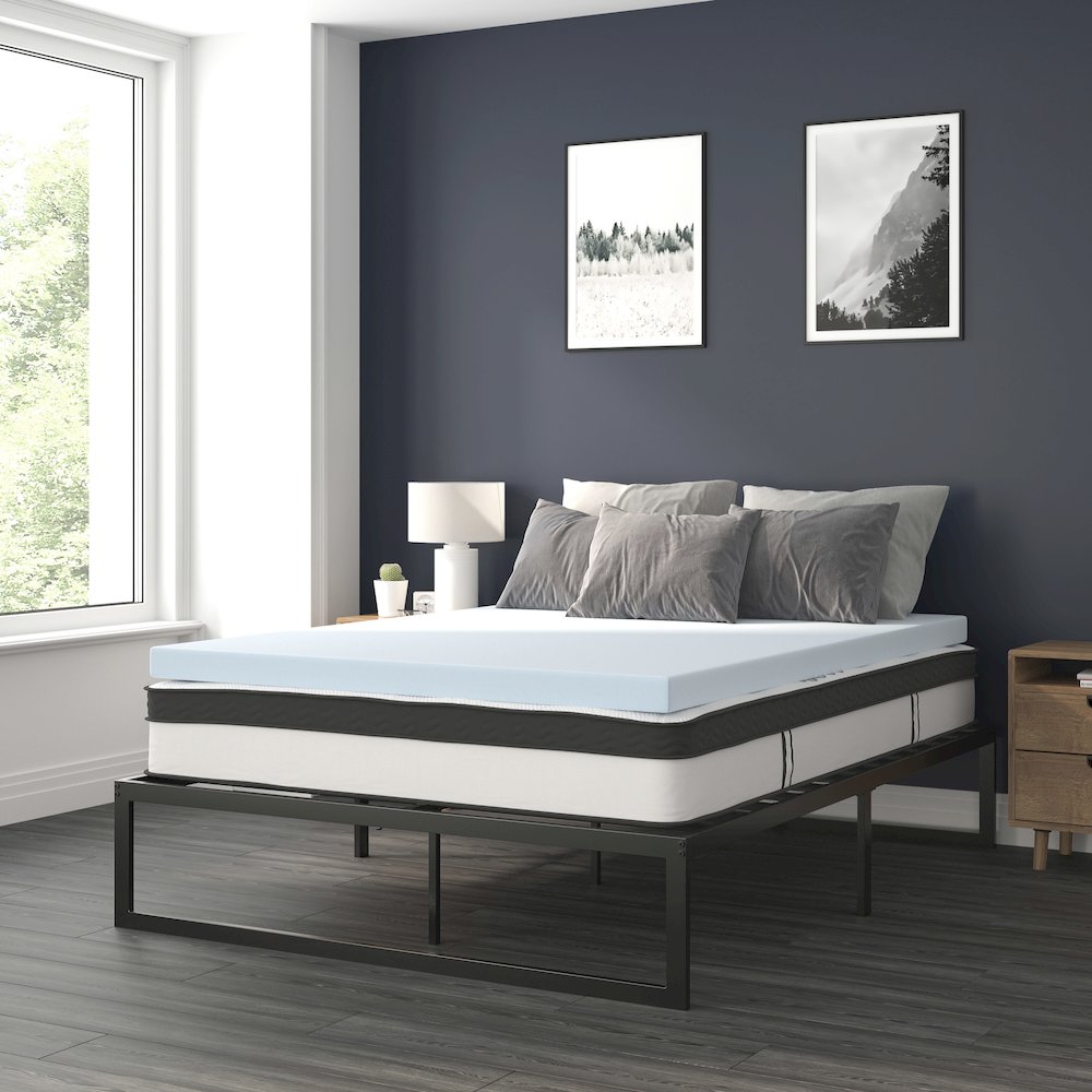 14 in Metal Platform Bed Frame and 3 in Cool Gel Memory Foam Topper – Queen