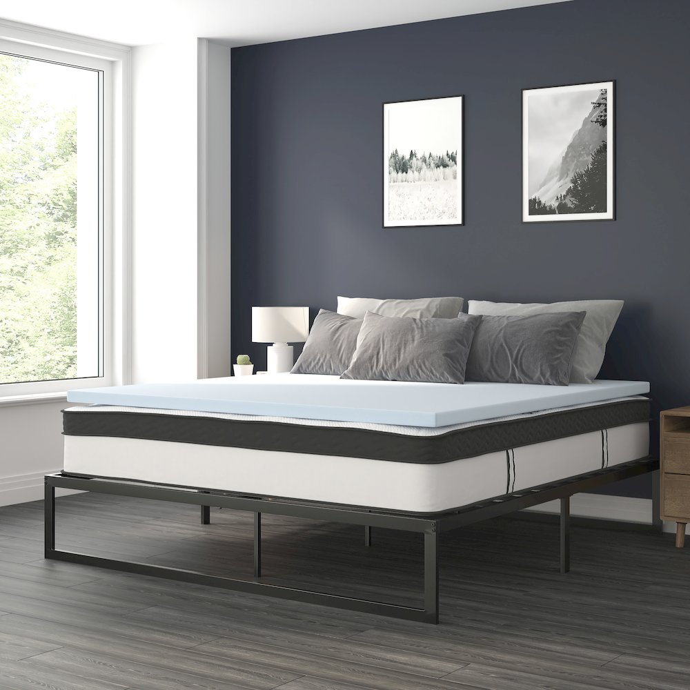 14 in Metal Platform Bed Frame with 12 in Mattress and 2 in Topper – King