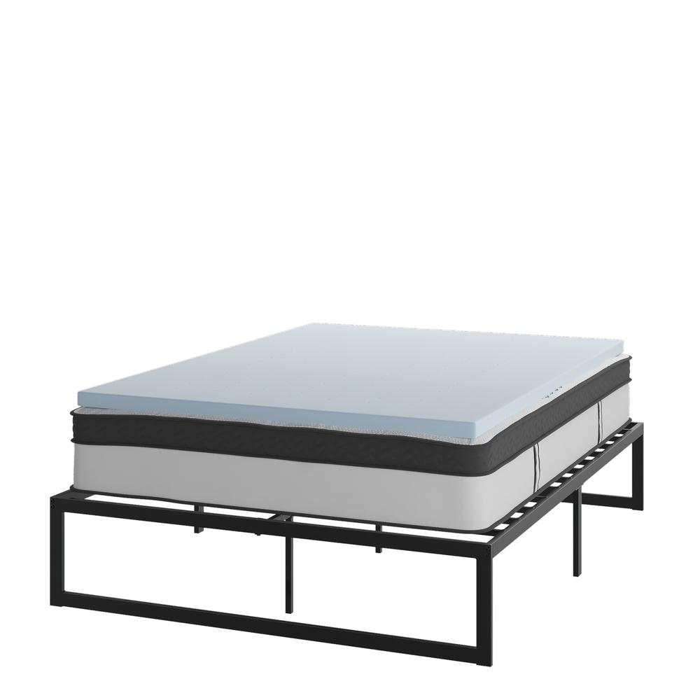 14 in Metal Platform Bed Frame with 12 in Mattress and 2 in Topper – Queen
