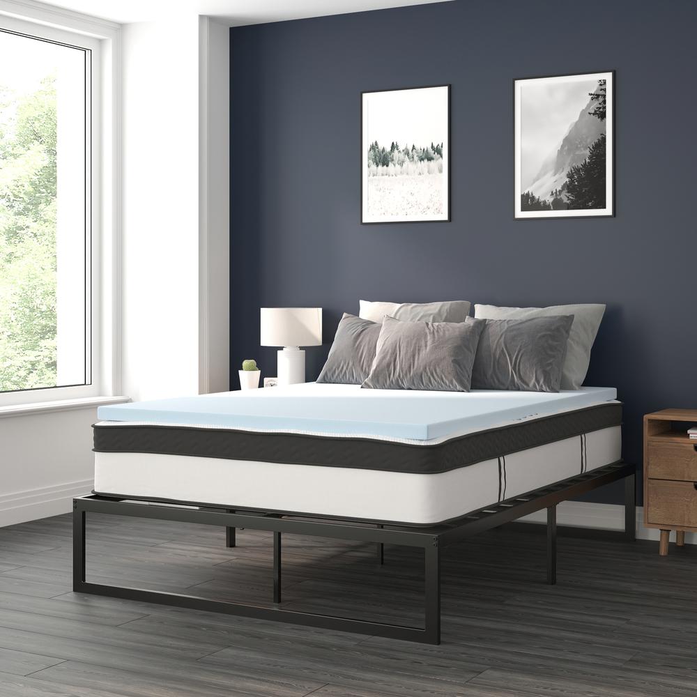 14 in Metal Platform Bed Frame with 12 in Mattress and 2 in Topper – Queen