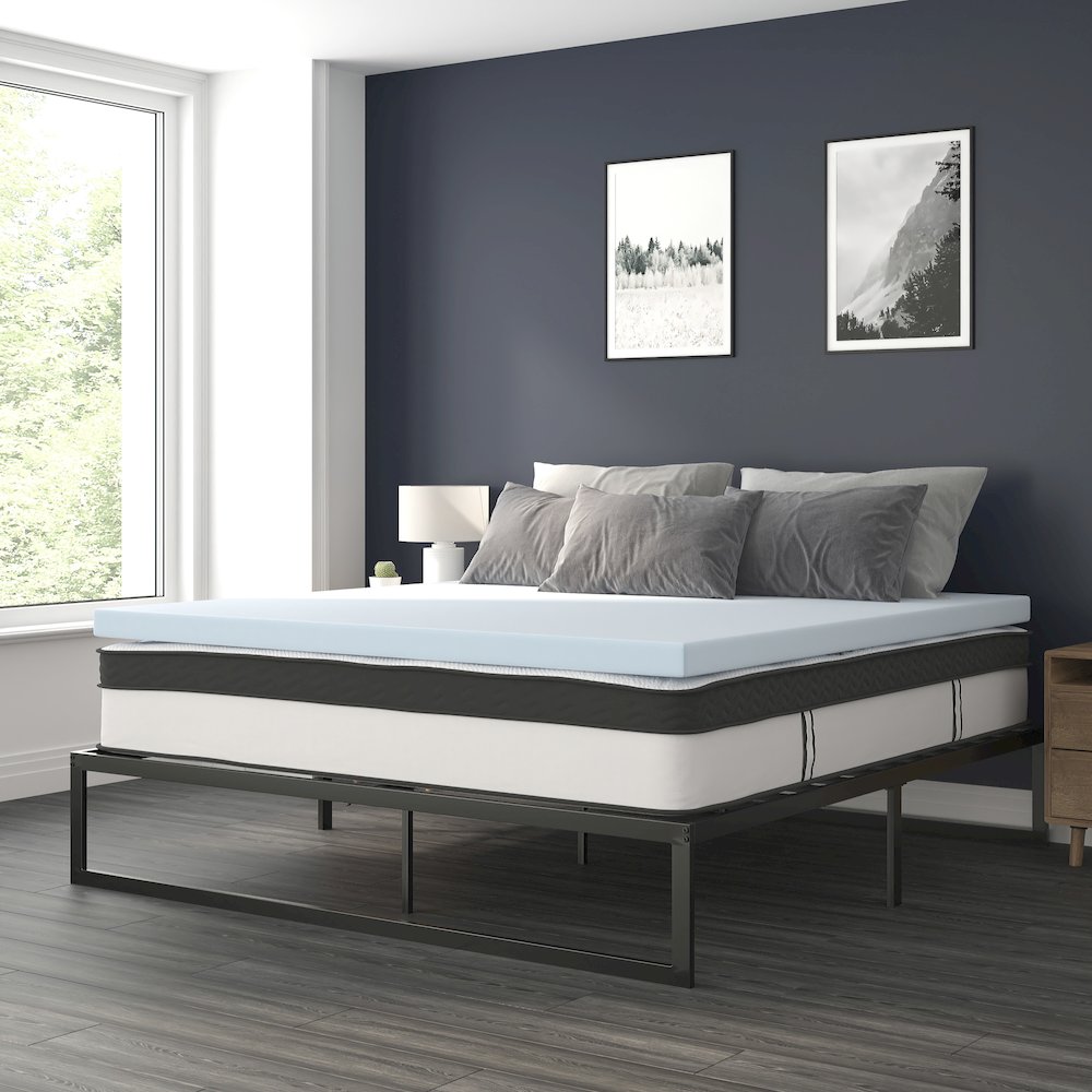 14 in Metal Platform Bed Frame with 12 in Mattress and 3 in Topper – King