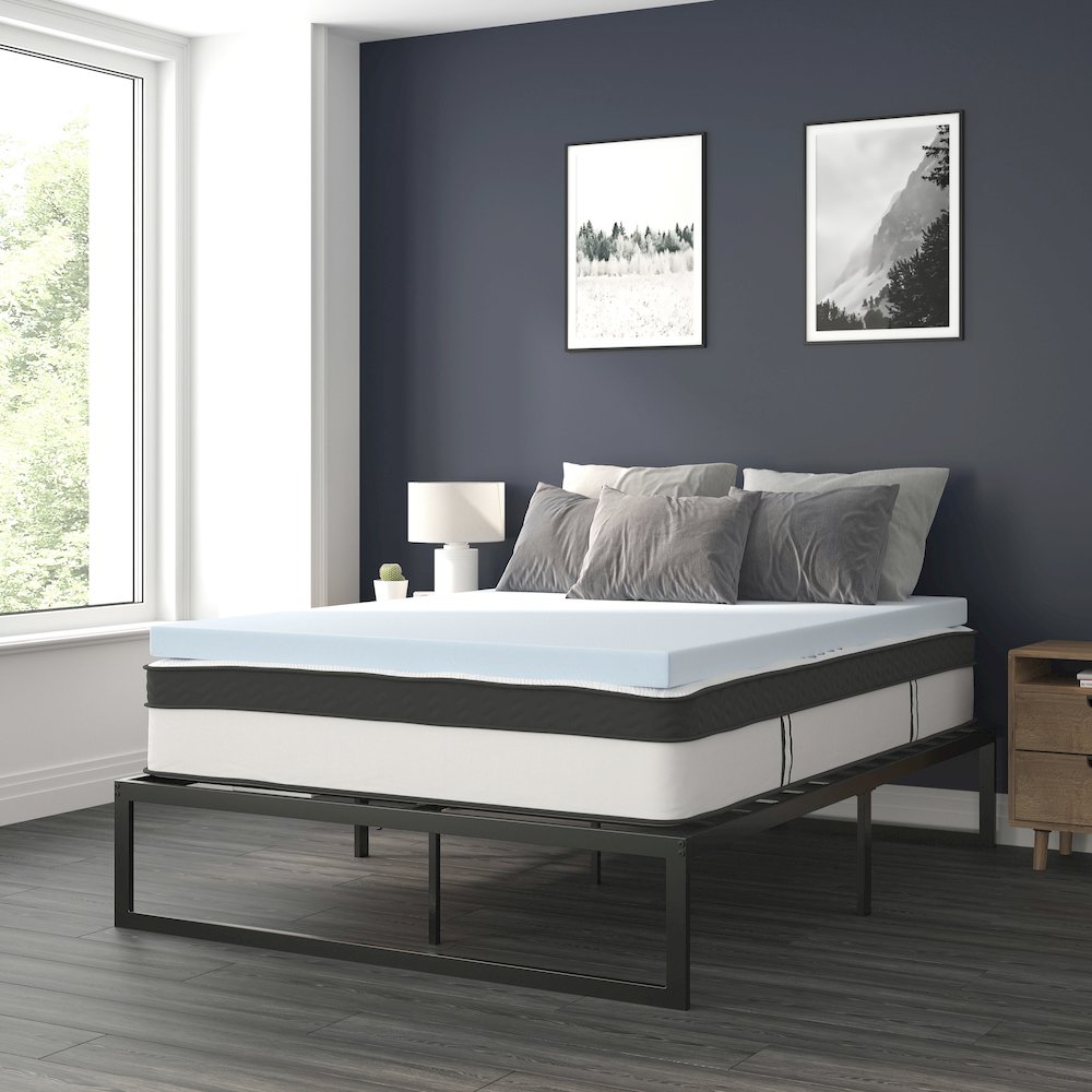 14 in Metal Platform Bed Frame with 12 in Mattress and 3 in Topper – Queen