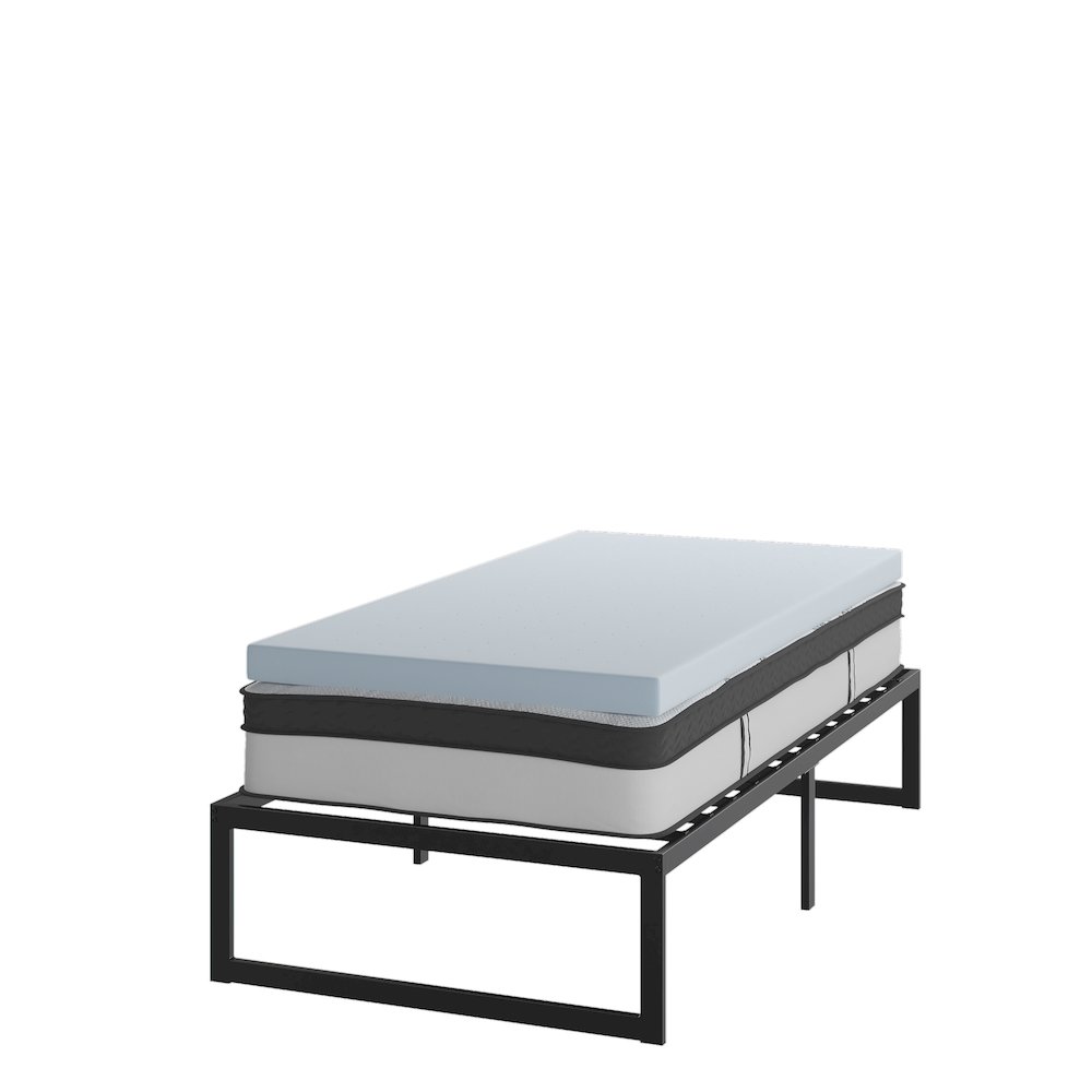 14 in Metal Platform Bed Frame with 12 in Mattress and 3 in Topper – Twin