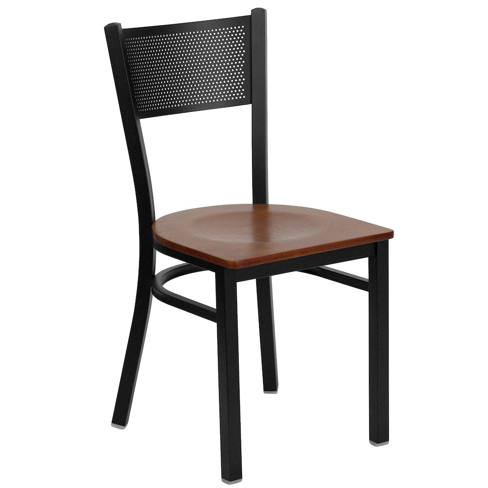 Black Grid Back Metal Restaurant Chair – Cherry Wood Seat