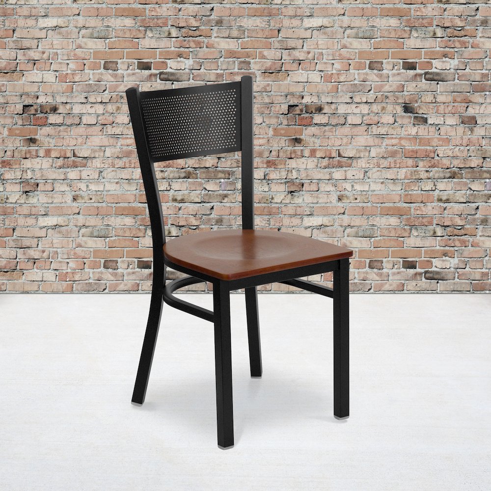 Black Grid Back Metal Restaurant Chair – Cherry Wood Seat