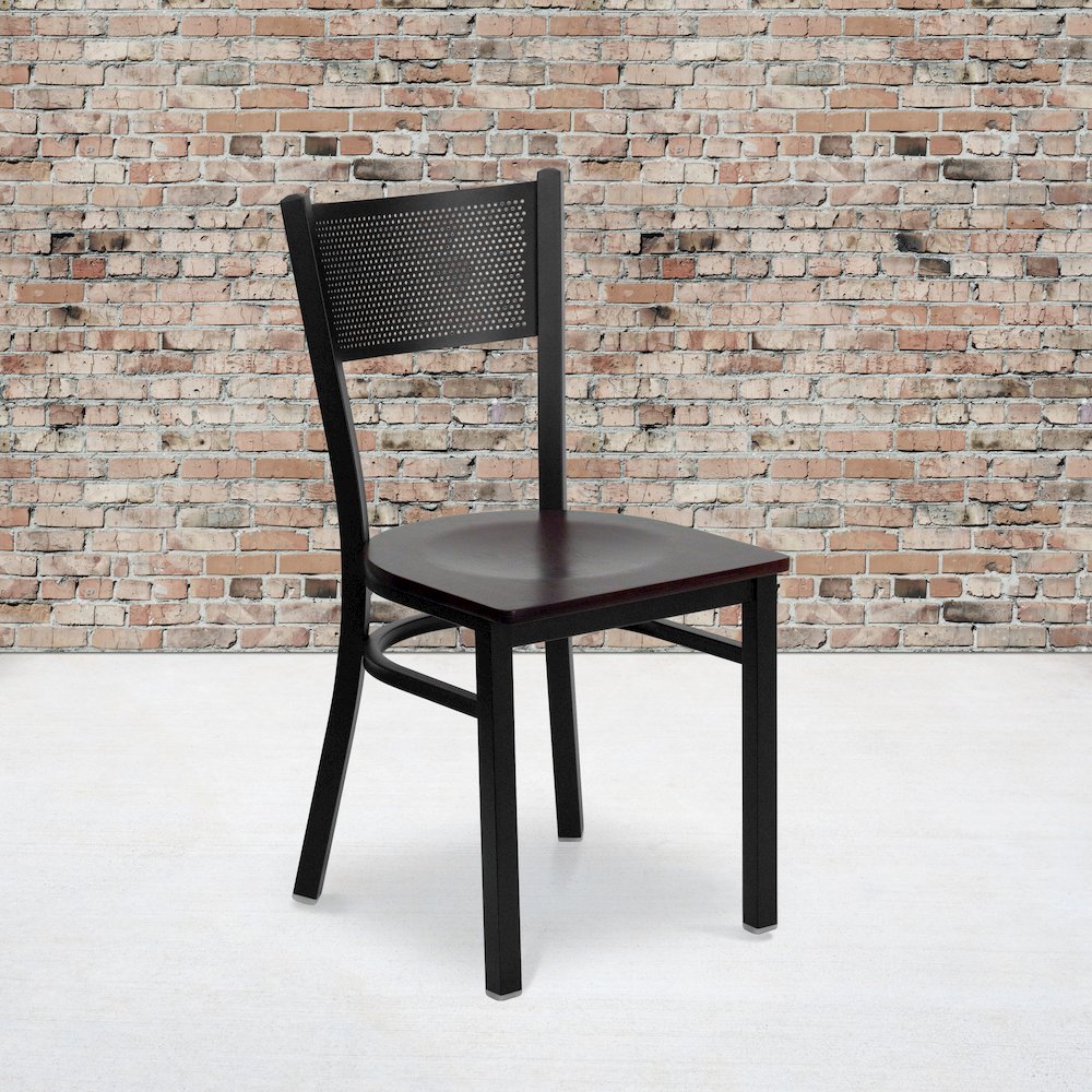 Black Grid Back Metal Restaurant Chair – Mahogany Wood Seat