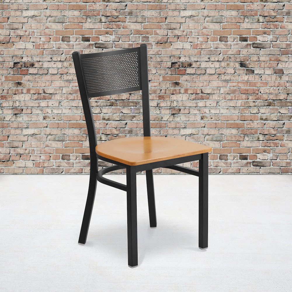Black Grid Back Metal Restaurant Chair – Natural Wood Seat