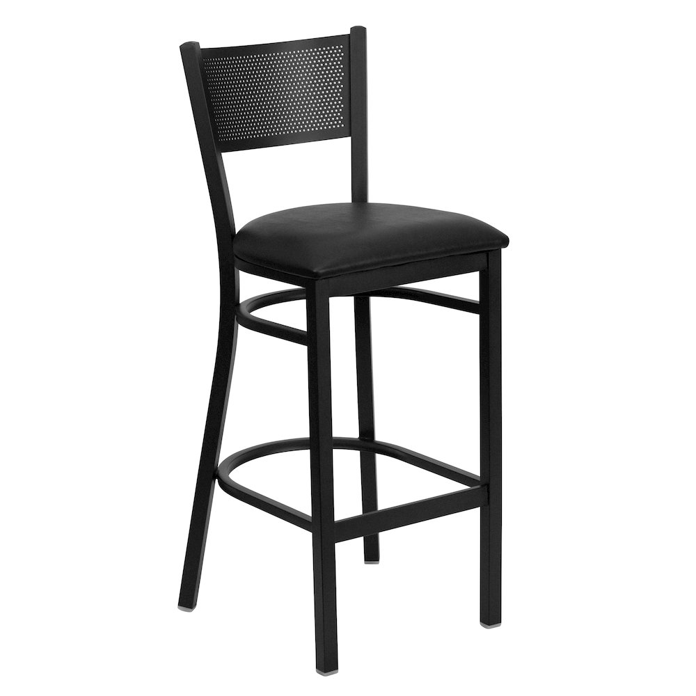 Black Grid Back Metal Restaurant Barstool – Black Vinyl Seat