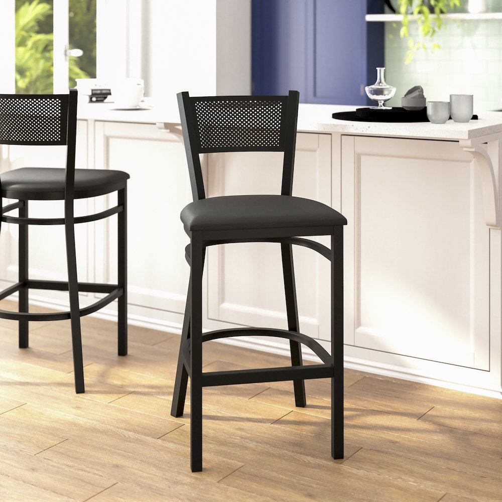 Black Grid Back Metal Restaurant Barstool – Black Vinyl Seat