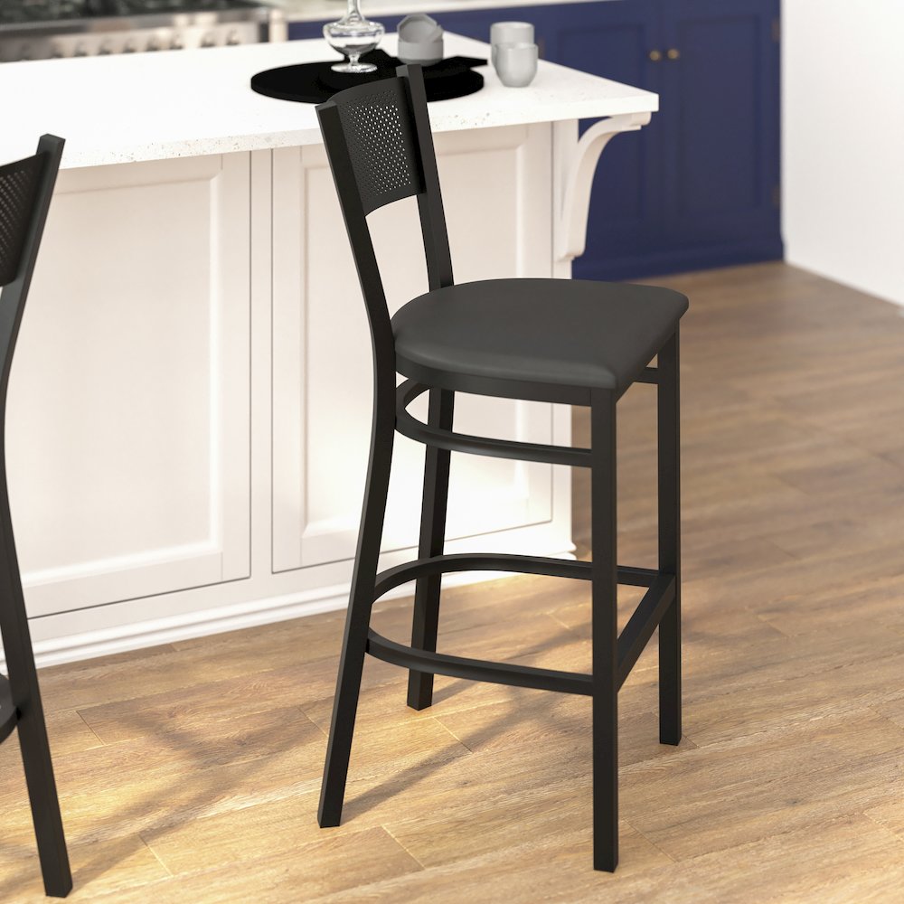 Black Grid Back Metal Restaurant Barstool – Black Vinyl Seat