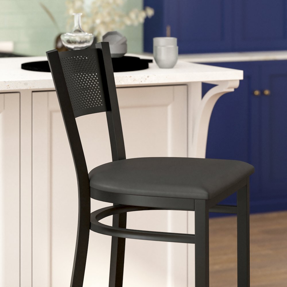 Black Grid Back Metal Restaurant Barstool – Black Vinyl Seat