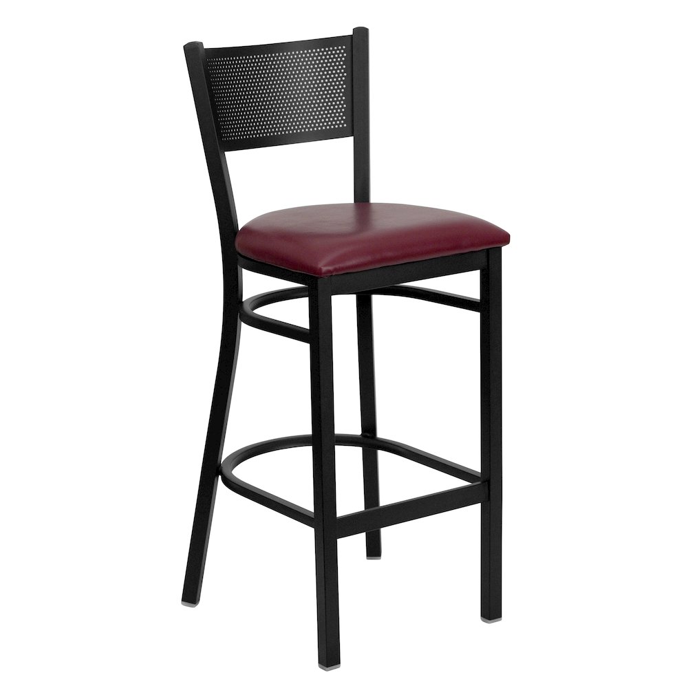 Black Grid Back Metal Restaurant Barstool – Burgundy Vinyl Seat