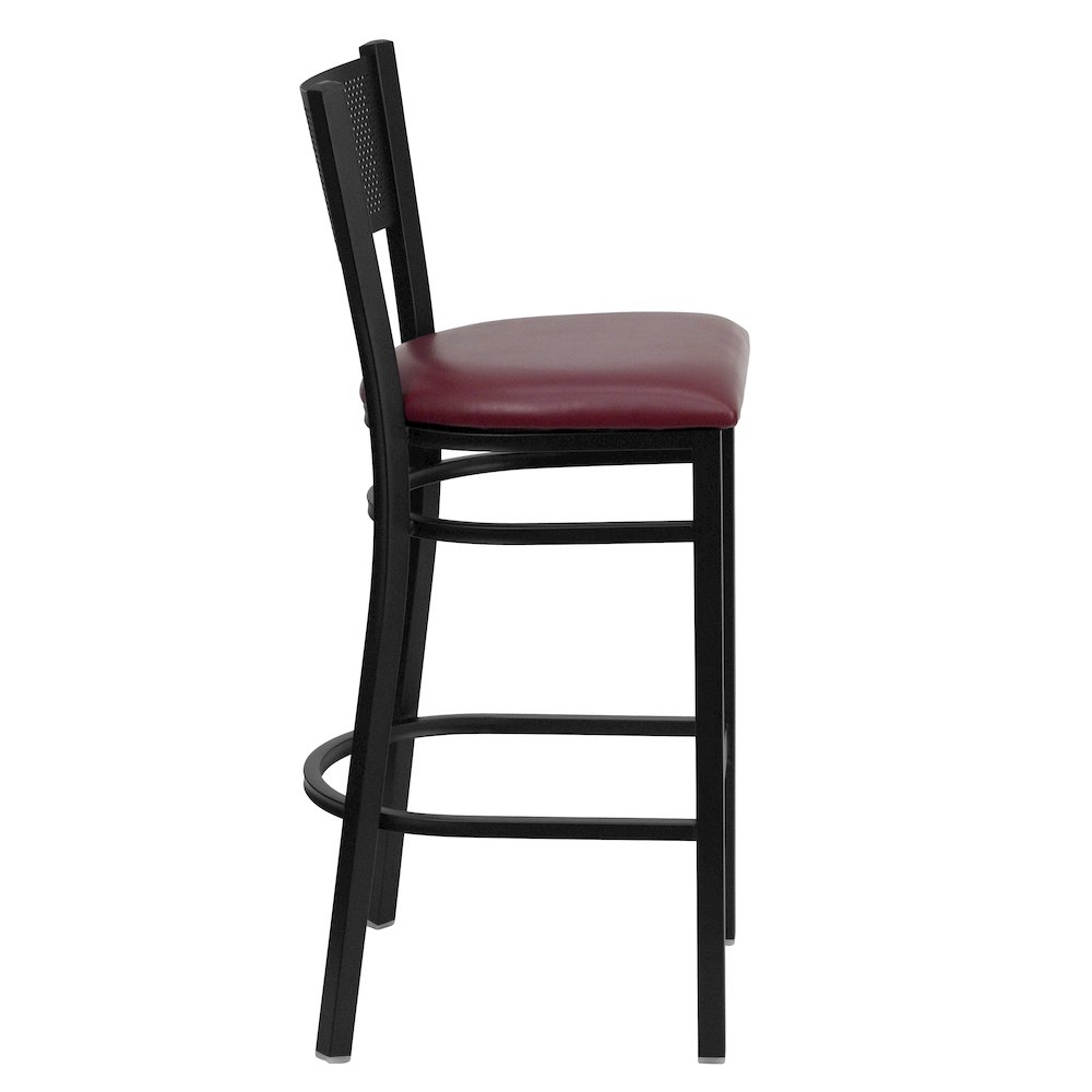 Black Grid Back Metal Restaurant Barstool – Burgundy Vinyl Seat