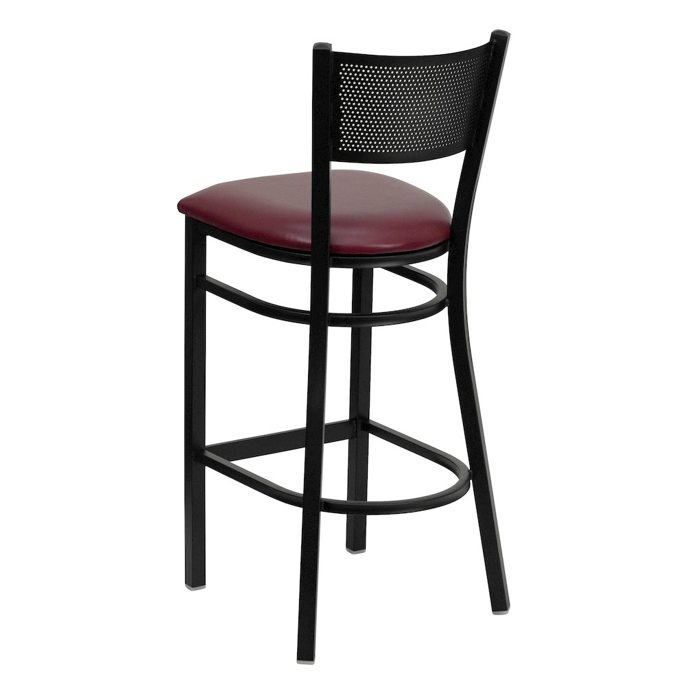 Black Grid Back Metal Restaurant Barstool – Burgundy Vinyl Seat
