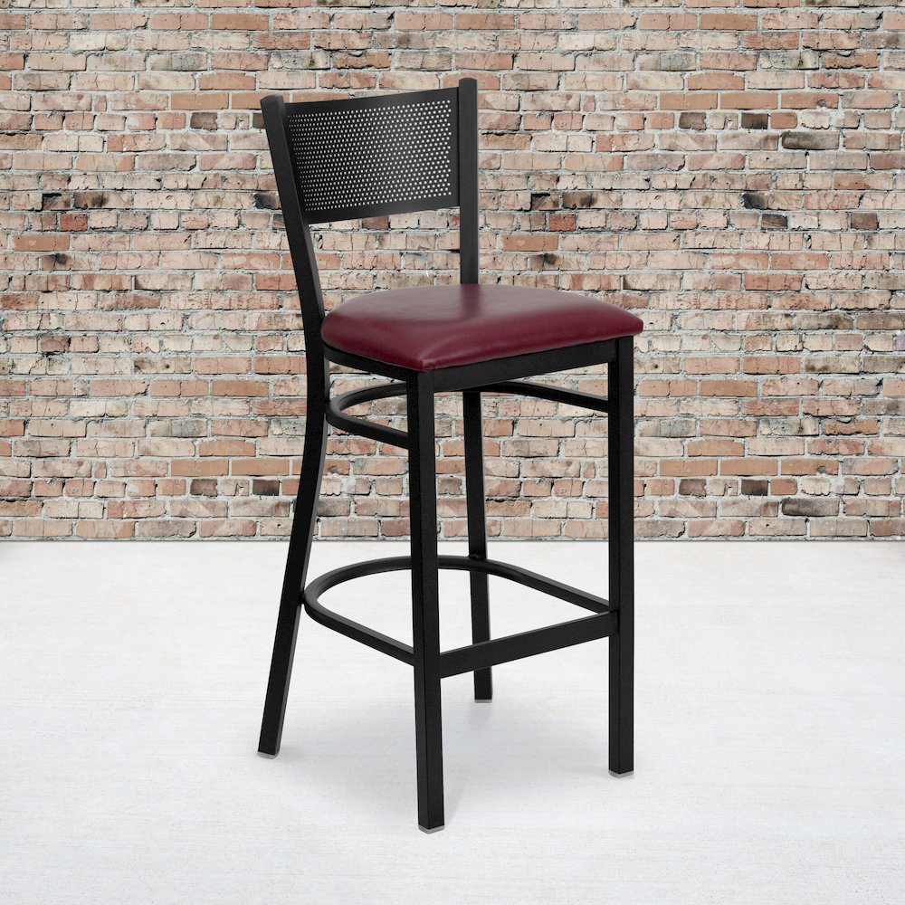 Black Grid Back Metal Restaurant Barstool – Burgundy Vinyl Seat
