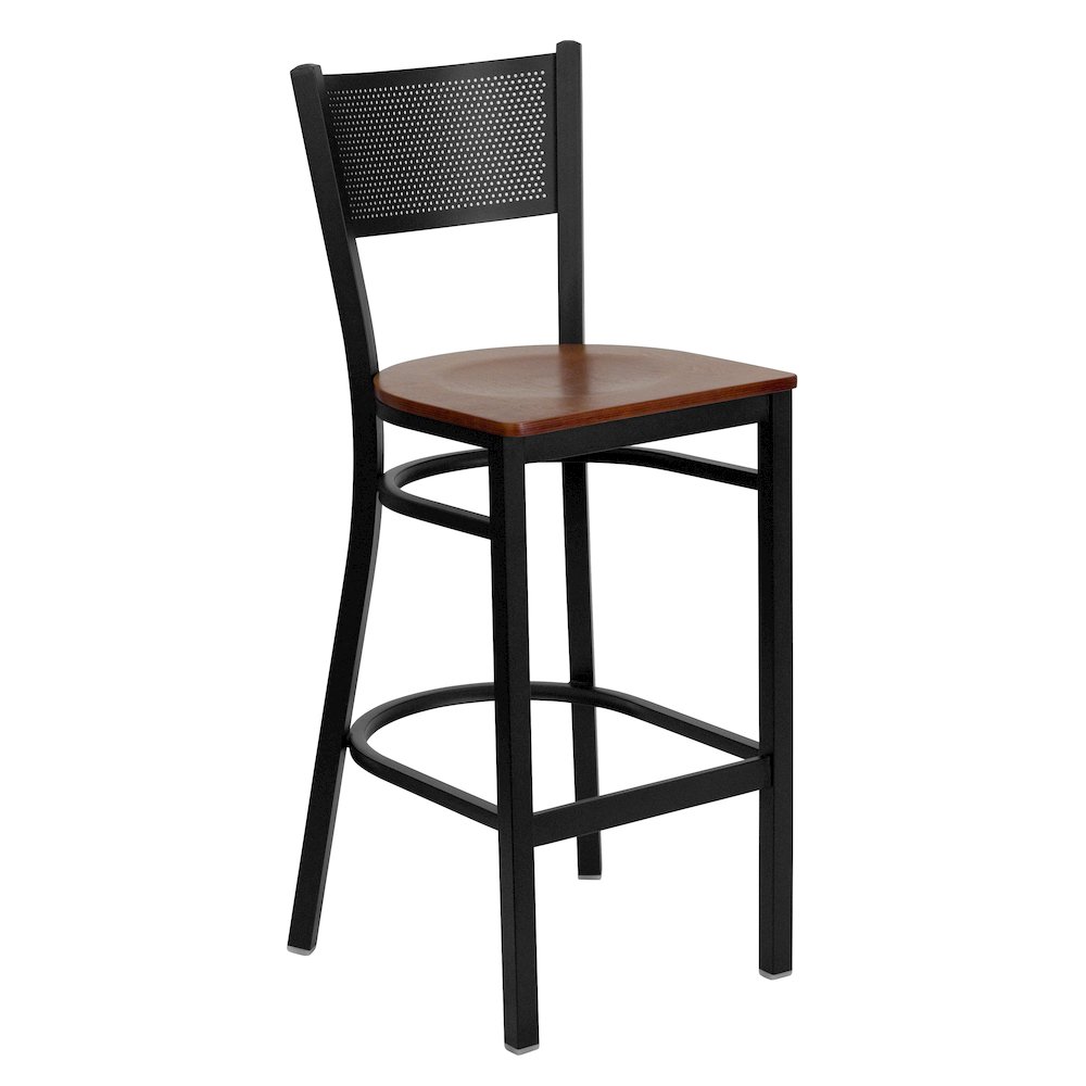 Black Grid Back Metal Restaurant Barstool – Cherry Wood Seat