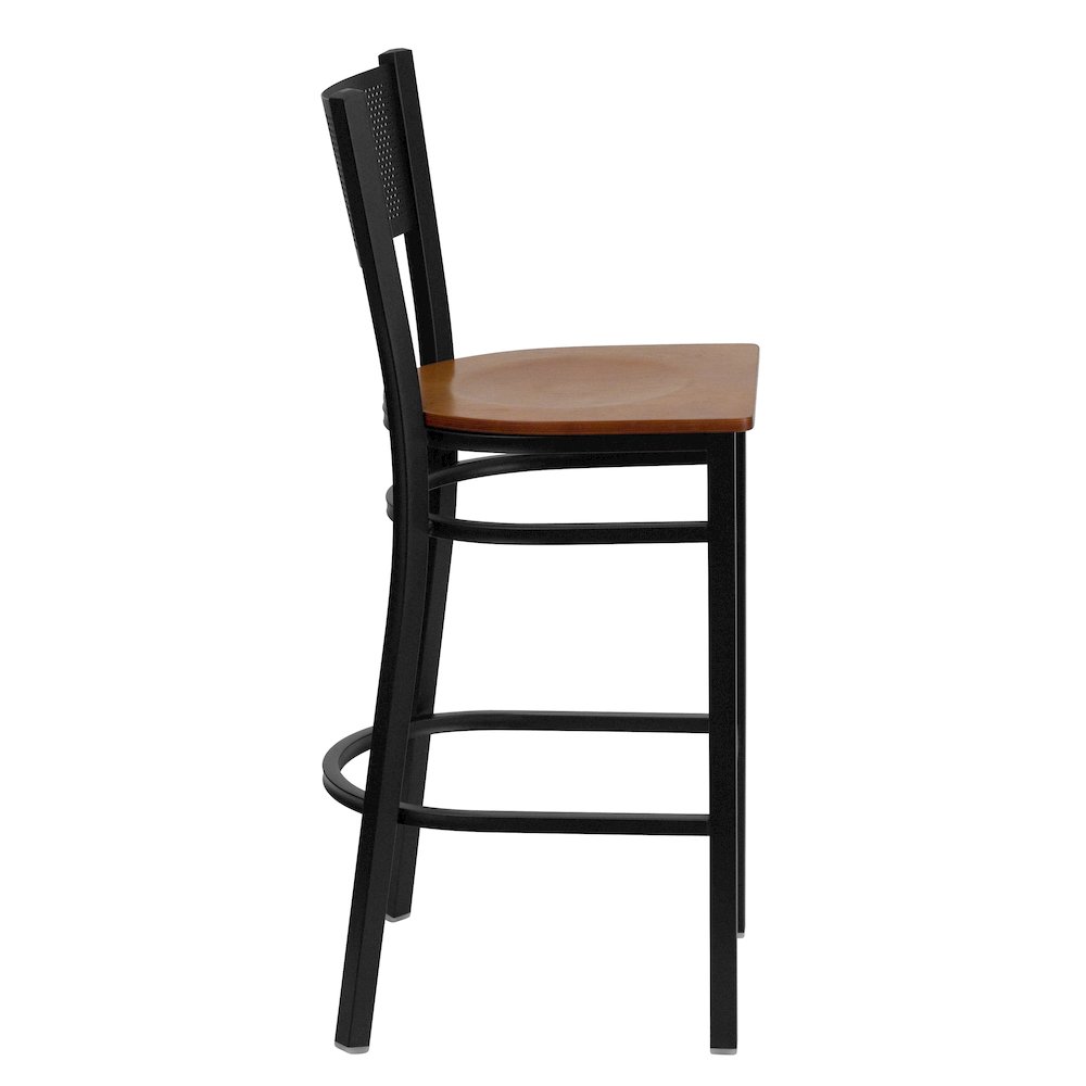 Black Grid Back Metal Restaurant Barstool – Cherry Wood Seat