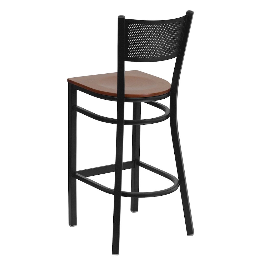 Black Grid Back Metal Restaurant Barstool – Cherry Wood Seat
