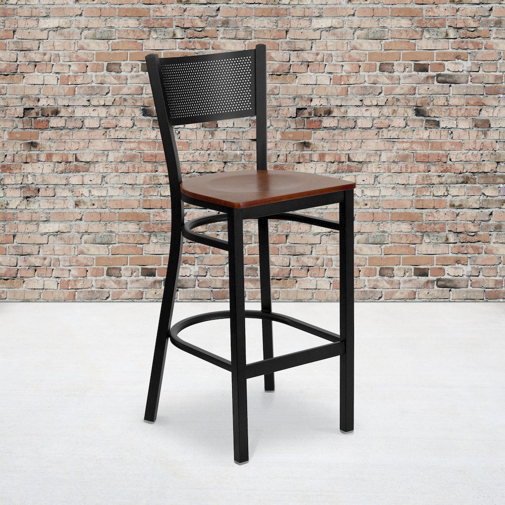 Black Grid Back Metal Restaurant Barstool – Cherry Wood Seat