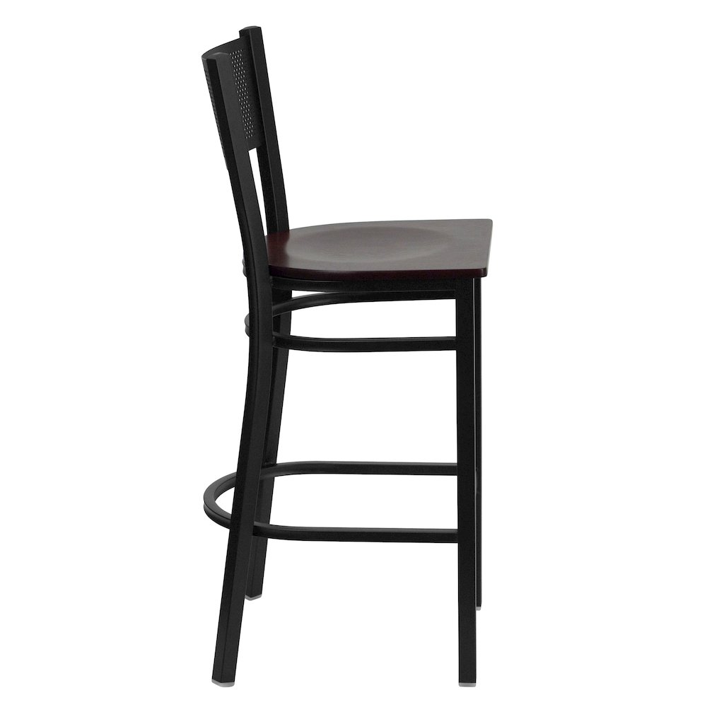 Black Grid Back Metal Restaurant Barstool – Mahogany Wood Seat