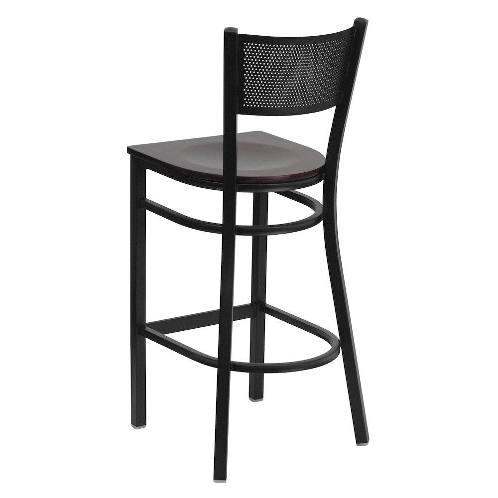Black Grid Back Metal Restaurant Barstool – Mahogany Wood Seat