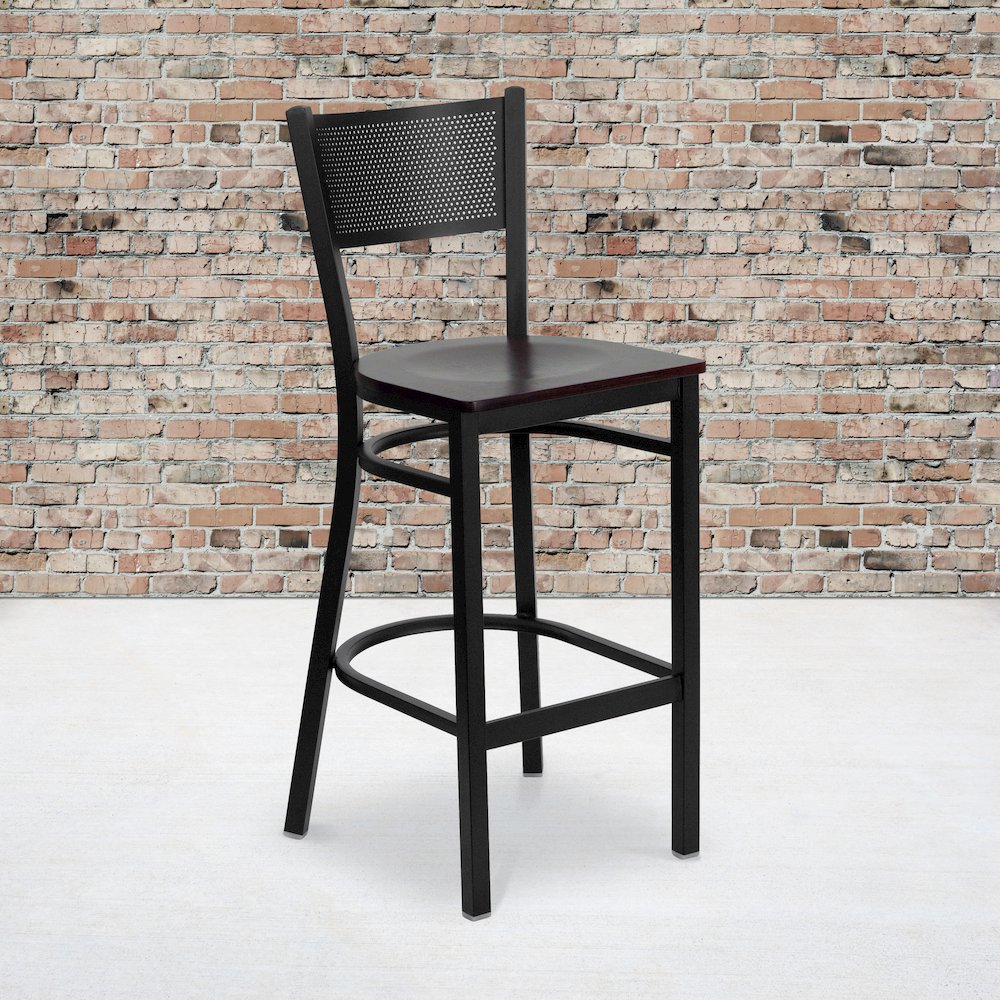 Black Grid Back Metal Restaurant Barstool – Mahogany Wood Seat