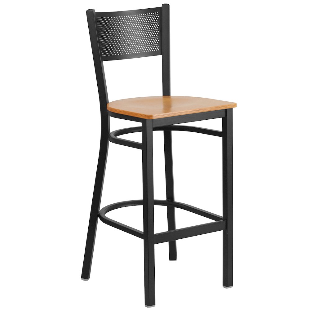 Black Grid Back Metal Restaurant Barstool – Natural Wood Seat