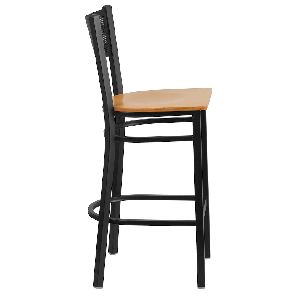 Black Grid Back Metal Restaurant Barstool – Natural Wood Seat