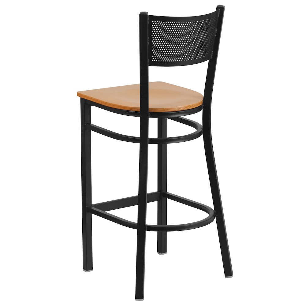 Black Grid Back Metal Restaurant Barstool – Natural Wood Seat