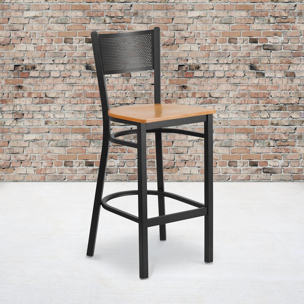 Black Grid Back Metal Restaurant Barstool – Natural Wood Seat