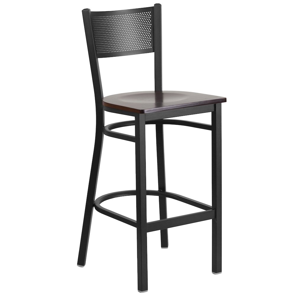 Black Grid Back Metal Restaurant Barstool – Walnut Wood Seat