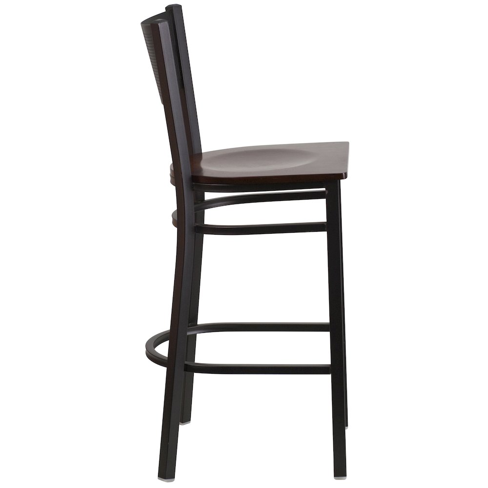 Black Grid Back Metal Restaurant Barstool – Walnut Wood Seat