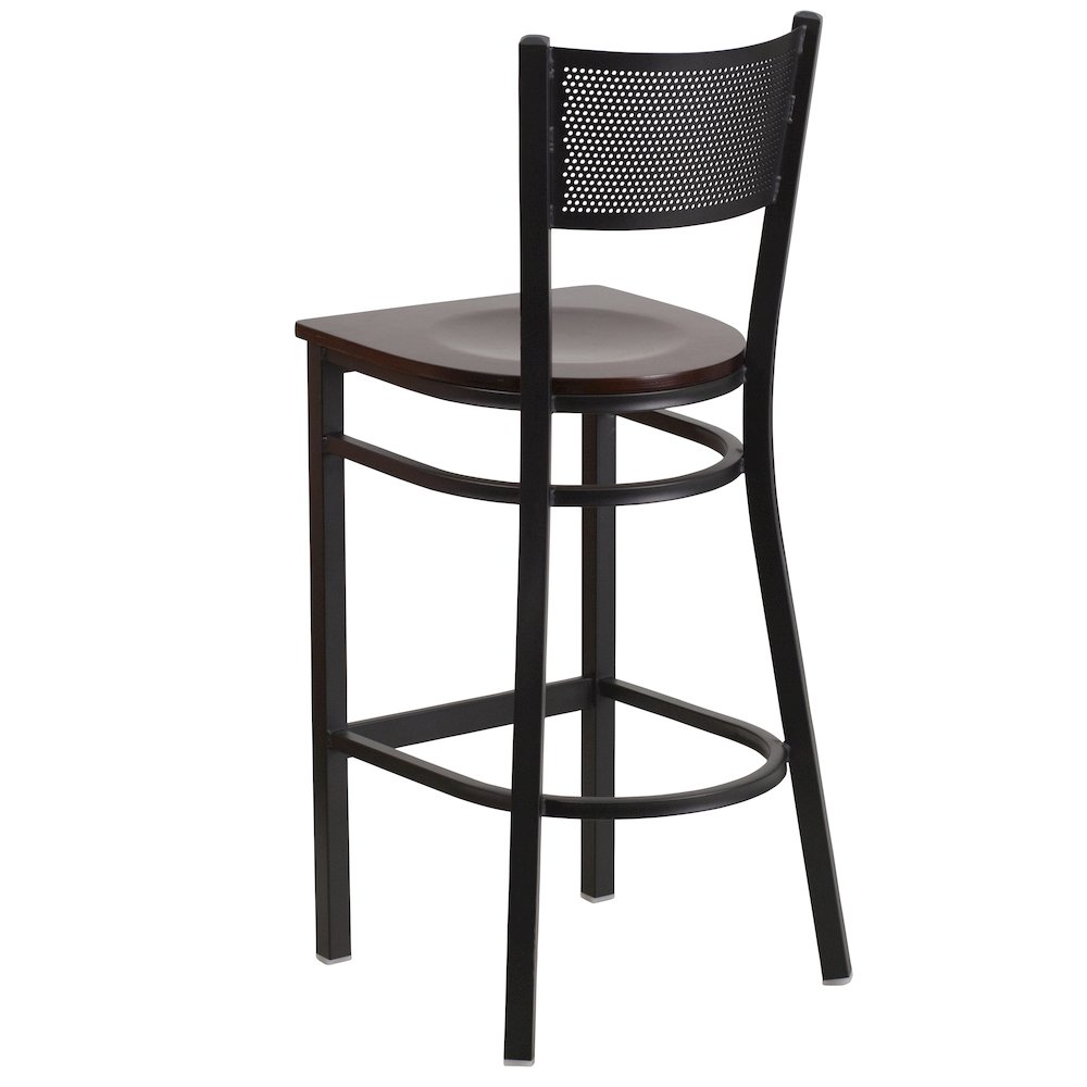 Black Grid Back Metal Restaurant Barstool – Walnut Wood Seat