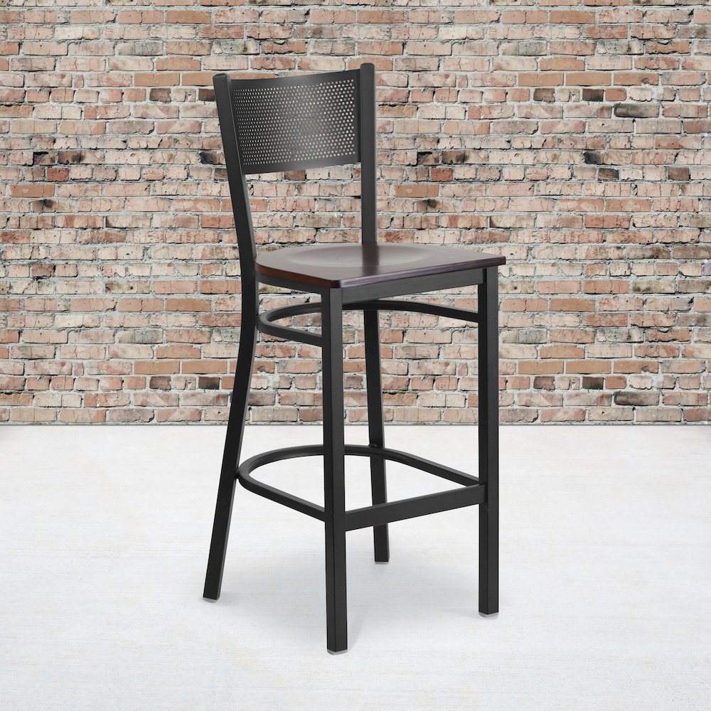 Black Grid Back Metal Restaurant Barstool – Walnut Wood Seat