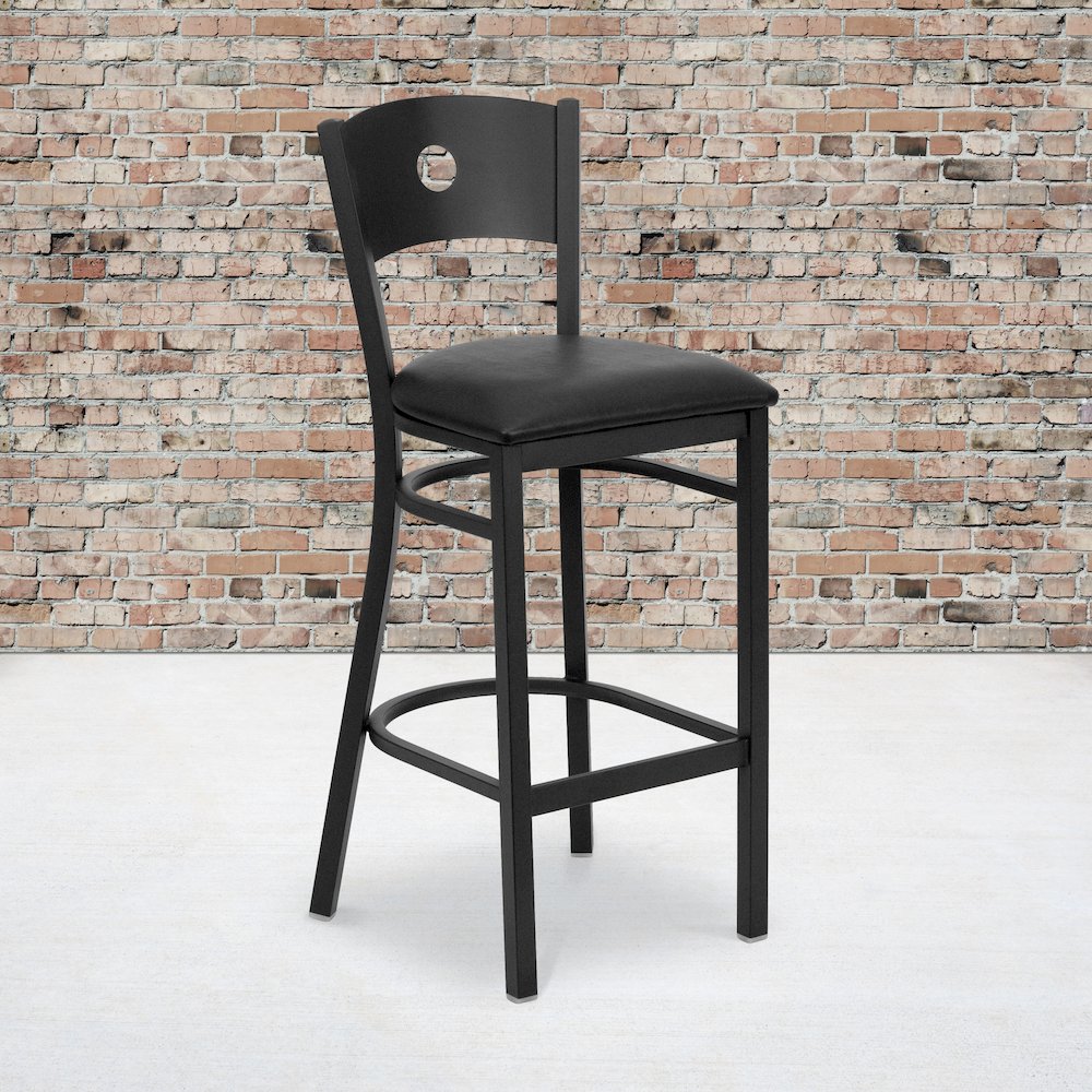 Black Circle Back Metal Restaurant Barstool – Black Vinyl Seat