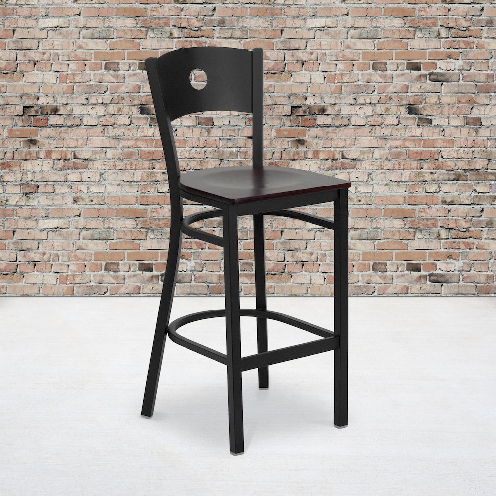 Black Circle Back Metal Restaurant Barstool – Mahogany Wood Seat