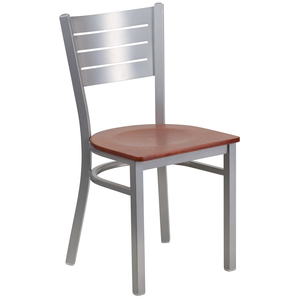 Silver Slat Back Metal Restaurant Chair – Cherry Wood Seat