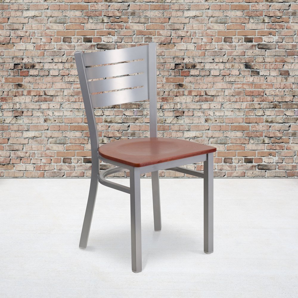 Silver Slat Back Metal Restaurant Chair – Cherry Wood Seat