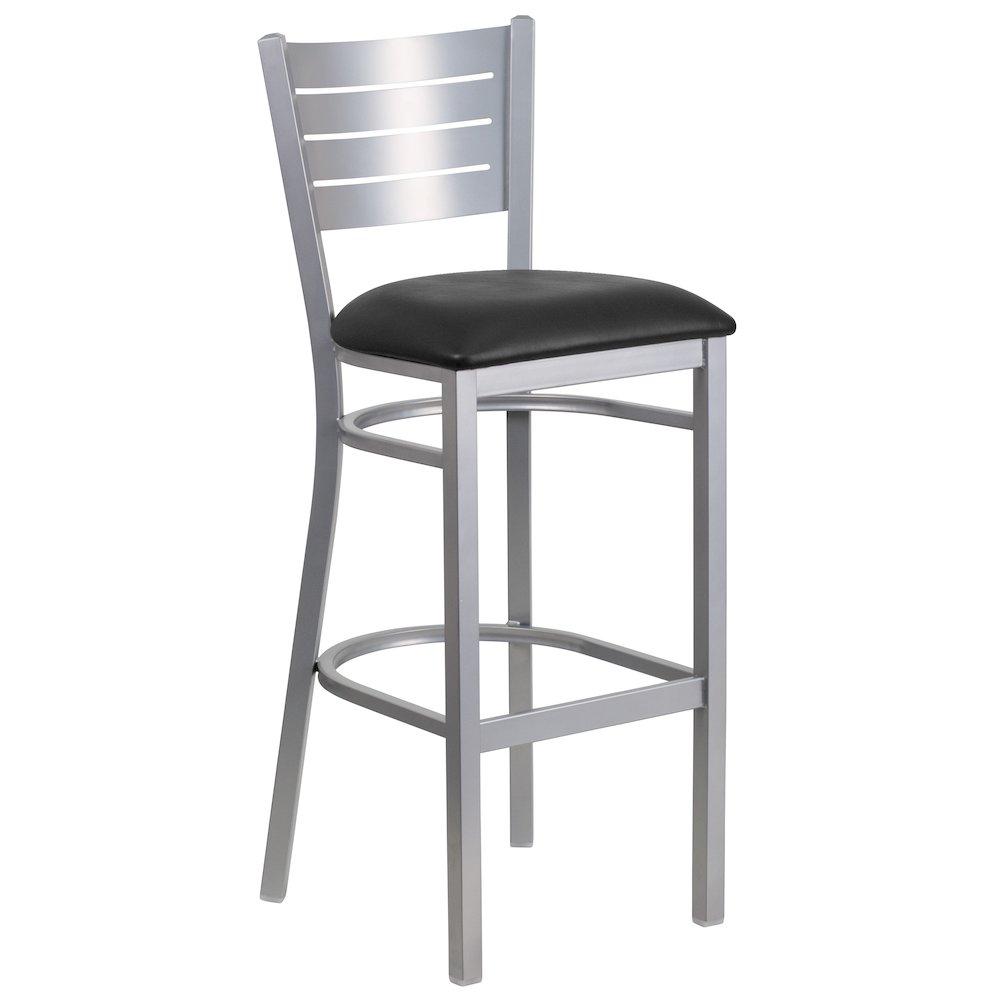 Silver Slat Back Metal Restaurant Barstool – Black Vinyl Seat