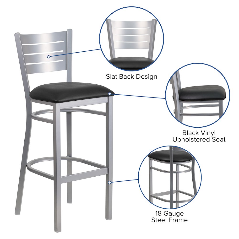 Silver Slat Back Metal Restaurant Barstool – Black Vinyl Seat