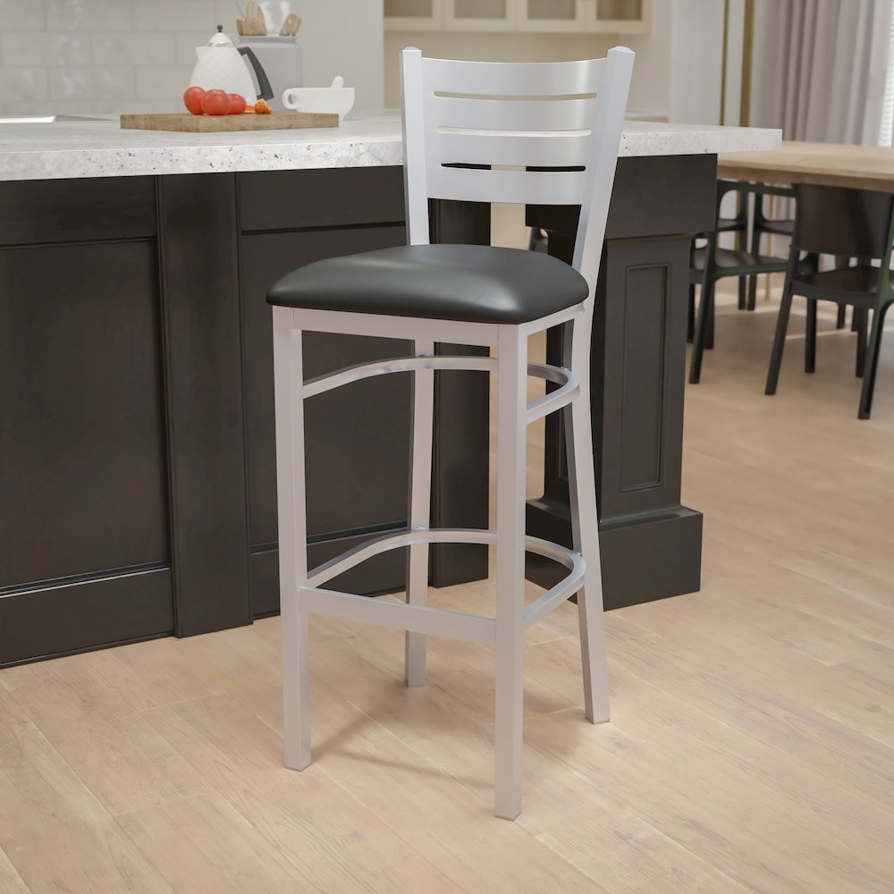 Silver Slat Back Metal Restaurant Barstool – Black Vinyl Seat