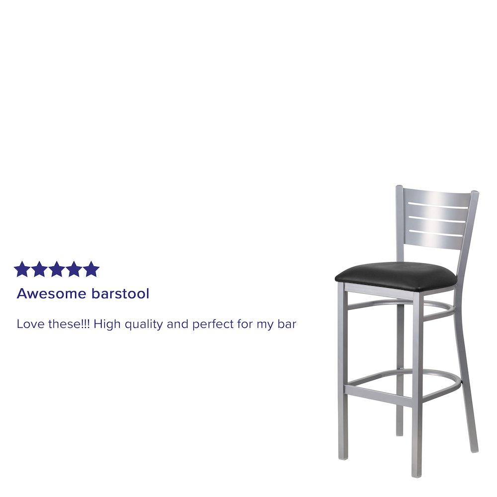 Silver Slat Back Metal Restaurant Barstool – Black Vinyl Seat