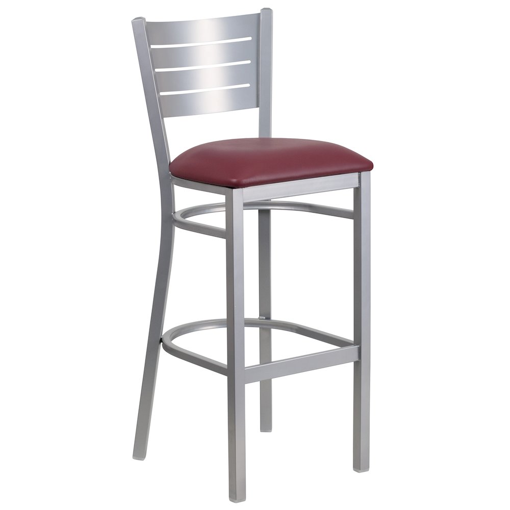 Silver Slat Back Metal Restaurant Barstool – Burgundy Vinyl Seat