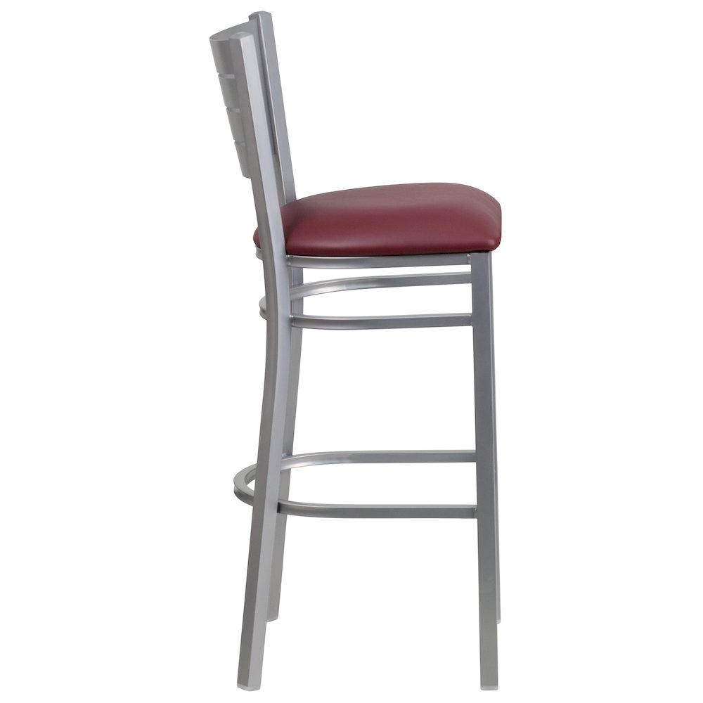 Silver Slat Back Metal Restaurant Barstool – Burgundy Vinyl Seat